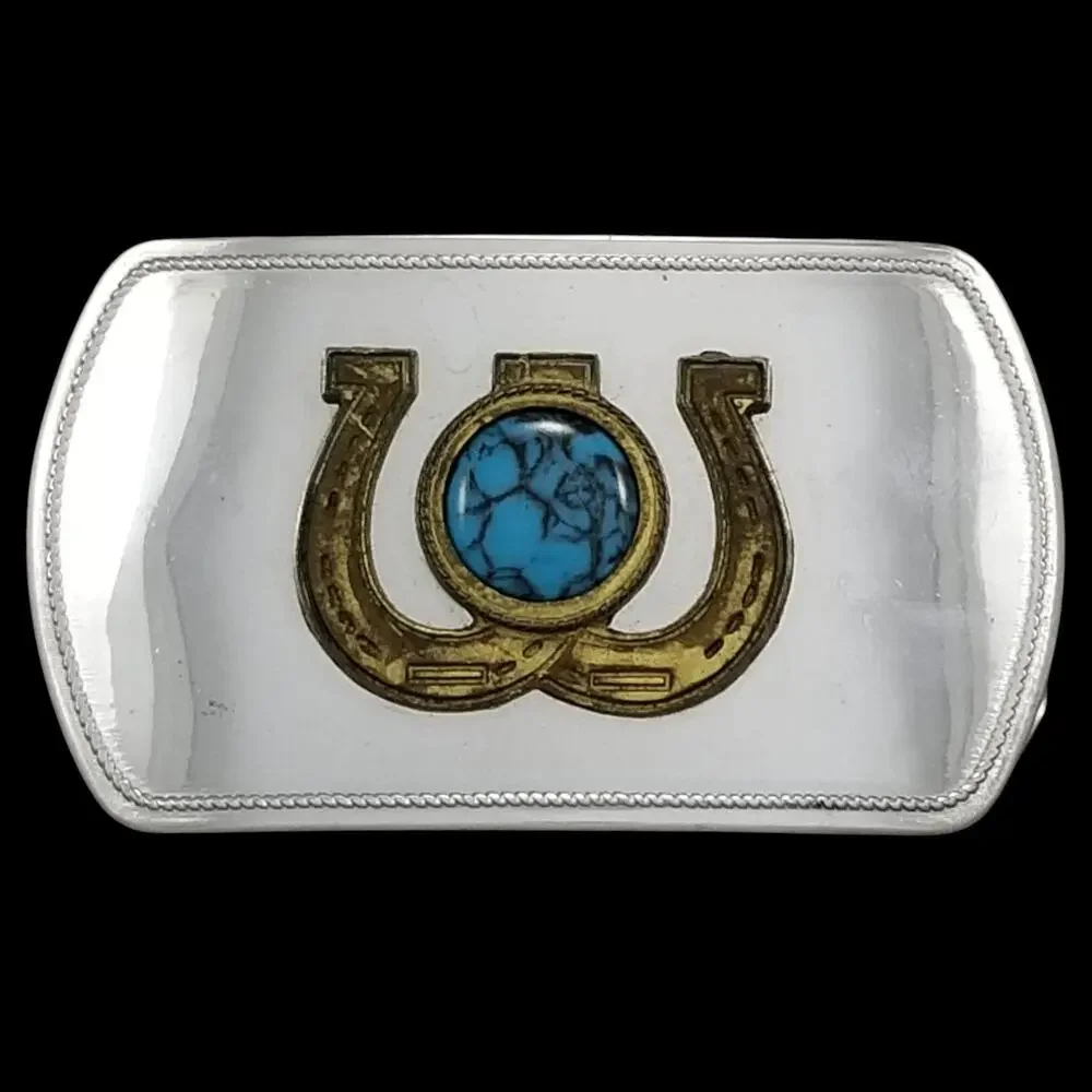 Steel Belt Buckle – Gold Color Horseshoe with Turquoise Stone‎ Western USA Made